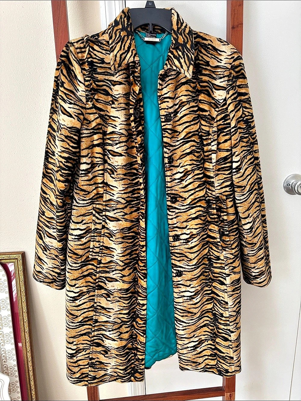 GUESS Vintage Tiger Print Quilted Coat in Brown & Black Medium Like New